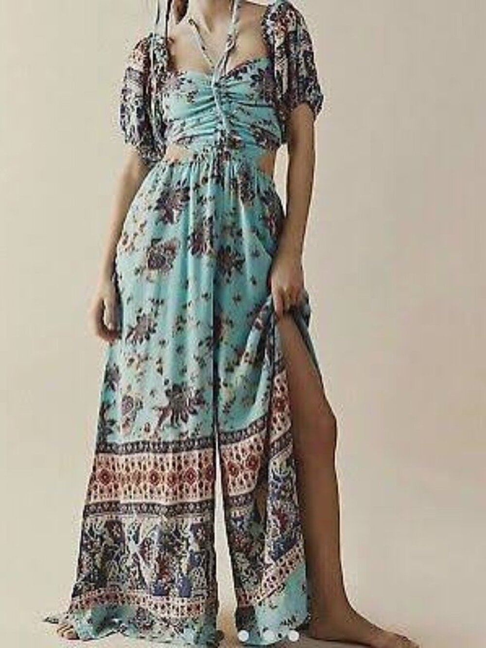 ✨️Free People Aqua Bali Citrus Skies! Floral Cutout Wide-Leg Jumpsuit With Slits